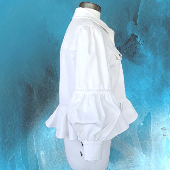 CINQ A SEPT Lizzie Puff Sleeve Peplum Denim Jacket in White Size 2 - Picture 7 of 13